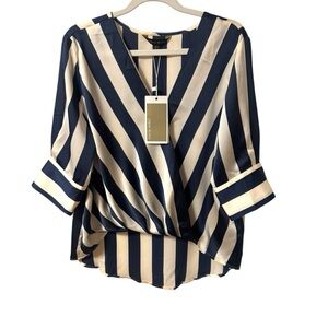 Urban Revivo Striped Navy and White Blouse Women’s Size 8 Contrast V Neck